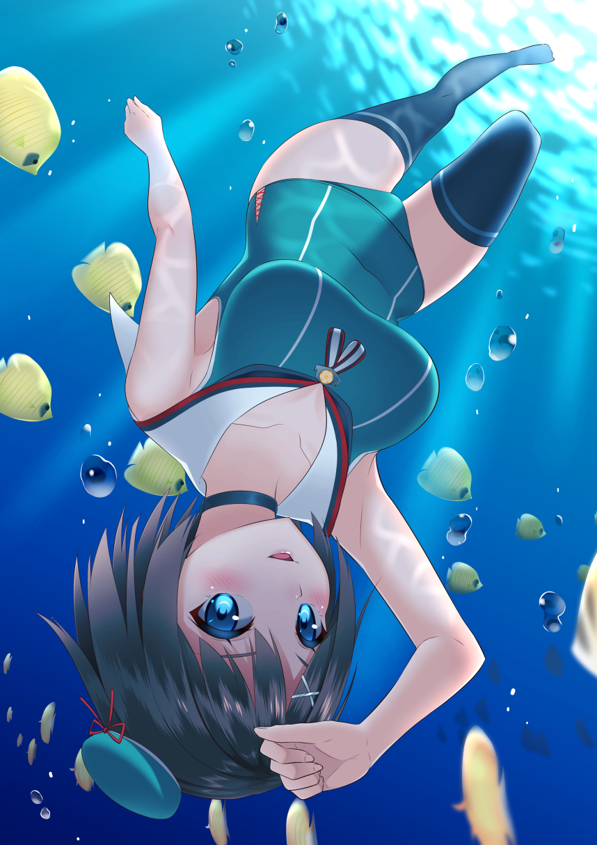 1girl adapted_costume alternate_costume aqua_eyes aqua_swimsuit black_legwear breasts brown_hair caustics from_below hair_ornament highres kantai_collection large_breasts lips looking_at_viewer maya_(kantai_collection) ocean open_mouth perspective school_swimsuit short_hair solo submerged swimsuit thigh-highs underwater upside-down water x_hair_ornament yasuto_(eria151)