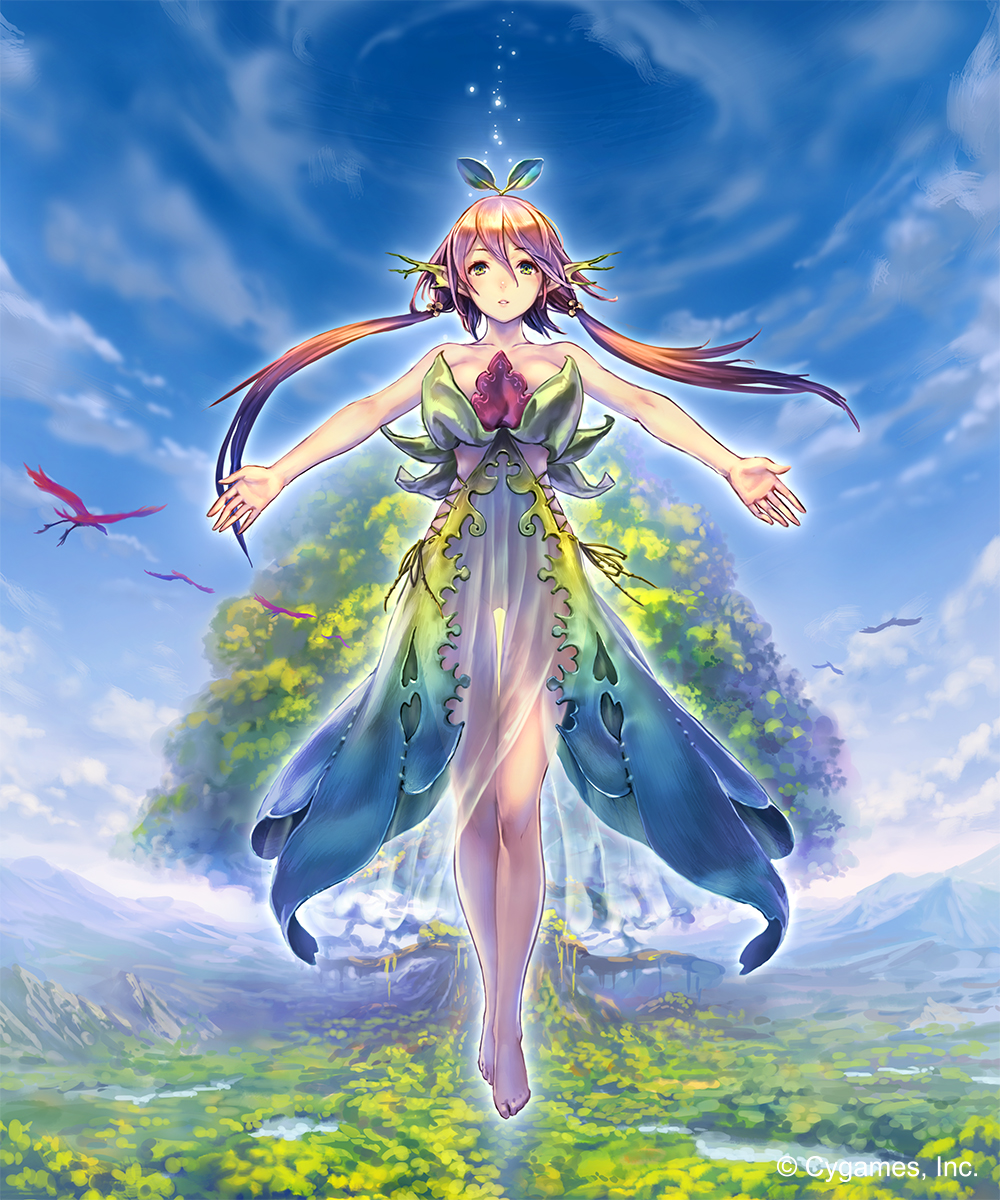 1girl :| bare_arms bare_hand bare_legs bare_shoulders barefoot bird breasts commentary cygames dress fantasy feathers flower full_body glowing granblue_fantasy green_eyes highres hisakata_souji large_breasts leaf leaf_on_head long_legs open_eyes shingeki_no_bahamut sky twintails yggdrasill_(granblue_fantasy)