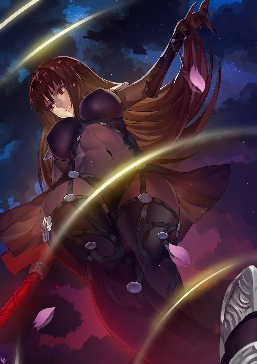 1girl bodysuit breasts cherry_blossoms clouds covered_navel covered_nipples fate/grand_order fate_(series) gae_bolg highres holding large_breasts long_hair nanaya_(daaijianglin) night pauldrons polearm purple_hair pursed_lips red_eyes reflection ripples scathach_(fate/grand_order) skin_tight sky smile solo spear standing star_(sky) starry_sky teeth tree very_long_hair water weapon