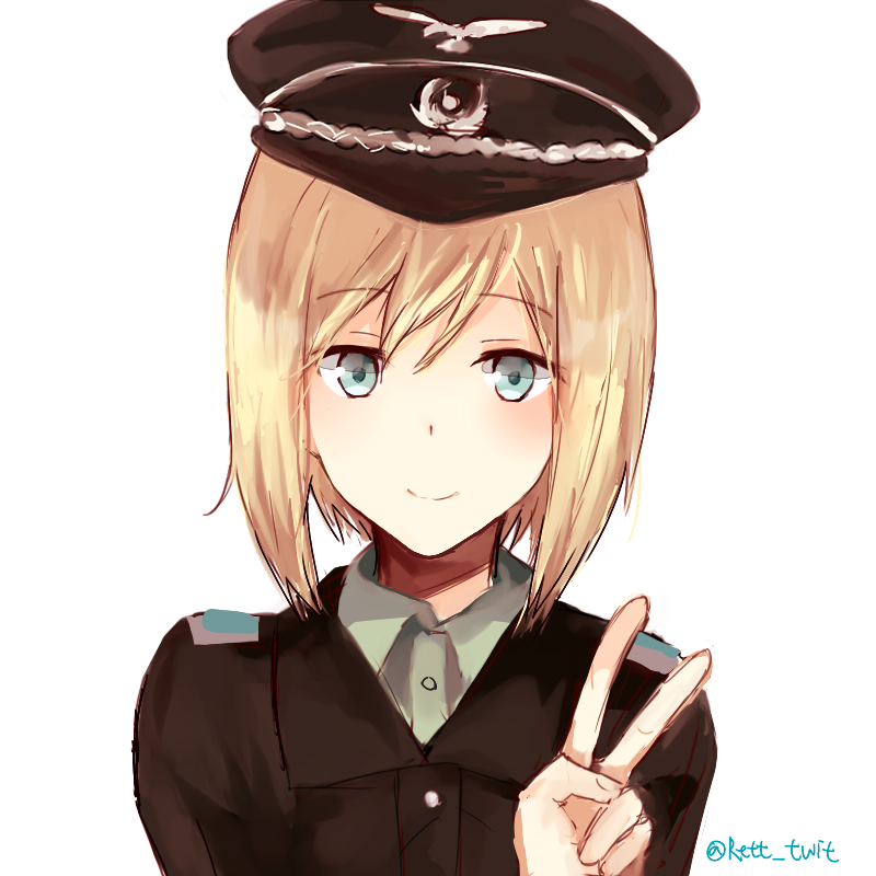 1girl bangs blonde_hair blue_eyes erica_hartmann grey_shirt hair_between_eyes hat looking_at_viewer military military_hat military_uniform retto shirt signature simple_background smile solo strike_witches twitter_username uniform v white_background world_witches_series