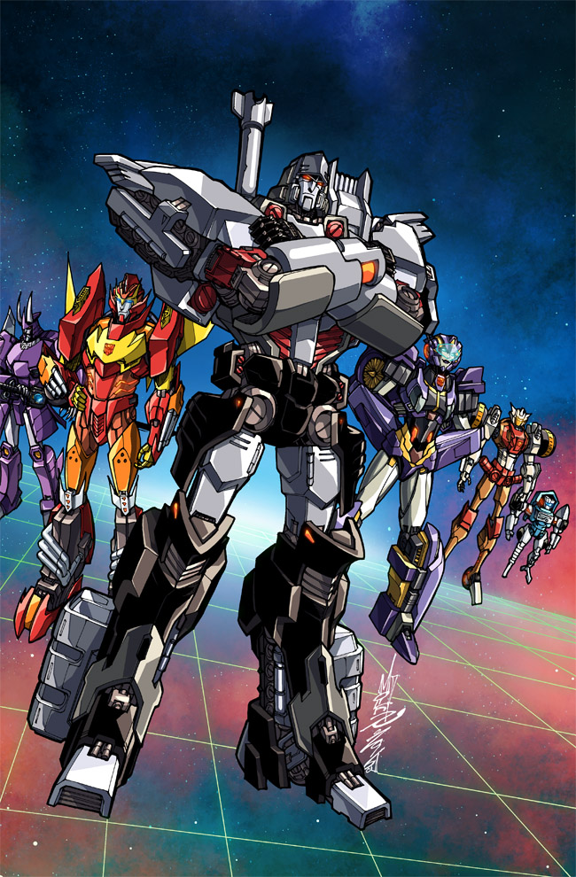 1girl 5boys alex_milne autobot chromedome crossed_arms cyclonus hand_on_hip hands_on_hips insignia mecha megatron multiple_boys nautica no_humans robot rodimus science_fiction sword tailgate transformers weapon