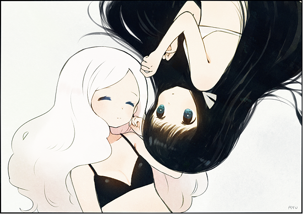 2girls artist_name ayu_(mog) black black_bra black_hair blue_eyes border bra breasts closed_eyes colored_eyelashes expressionless grey_background hand_up long_hair looking_at_another multiple_girls original simple_background sleeping small_breasts underwear upper_body upside-down very_long_hair white white_bra white_hair