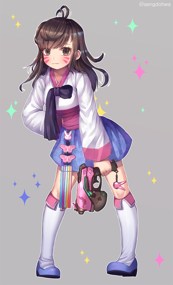 1girl alternate_costume antenna_hair artist_name black_bow blue_shoes blue_skirt blush bow brown_eyes brown_hair d.va_(overwatch) facepaint full_body grey_background gun hanato_(seonoaiko) holding holding_gun holding_weapon kneehighs korean_clothes leaning_forward long_hair long_sleeves looking_at_viewer overwatch sash shoes simple_background skirt smile sparkle weapon white_legwear wind_chime