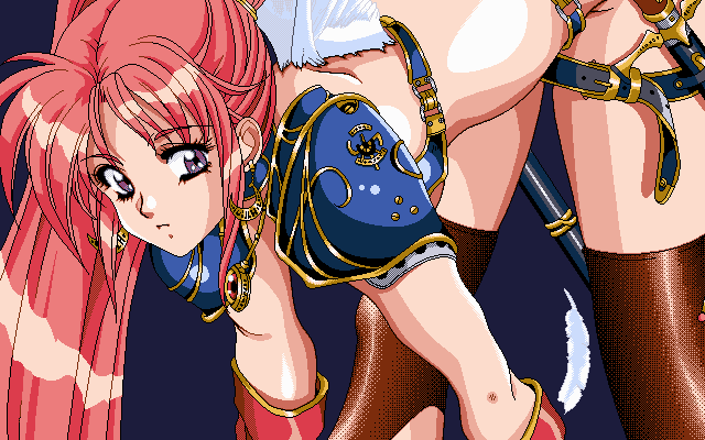 1girl armor belt bent_over buckle detached_sleeves dithering earrings feathers jewelry looking_at_viewer majan_gensoukyoku pixel_art redhead shoulder_armor simple_background thigh-highs violet_eyes