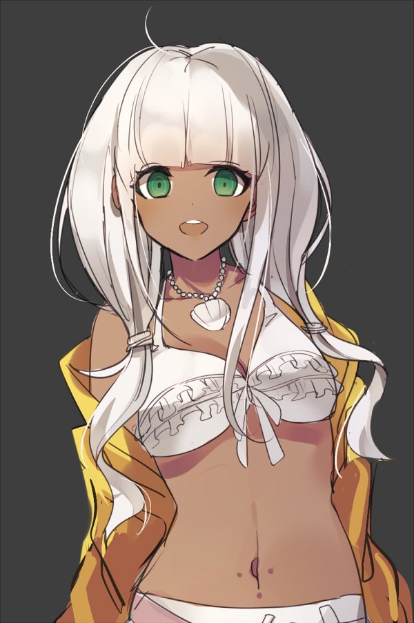 1girl bikini dangan_ronpa dark_skin dr_tyobi green_eyes jewelry long_hair navel necklace new_dangan_ronpa_v3 open_mouth solo swimsuit tan white_hair