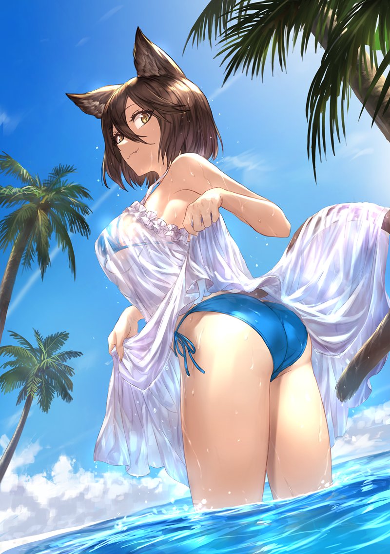 1girl animal_ears bikini blue_bikini breasts brown_hair cat_ears cat_tail clouds dress dress_lift eyebrows eyebrows_visible_through_hair fang from_behind from_below guchico hair_between_eyes looking_at_viewer looking_back original palm_tree see-through short_hair sky smile solo sundress swimsuit tail tree under_boob wading water wet wet_clothes white_dress yellow_eyes
