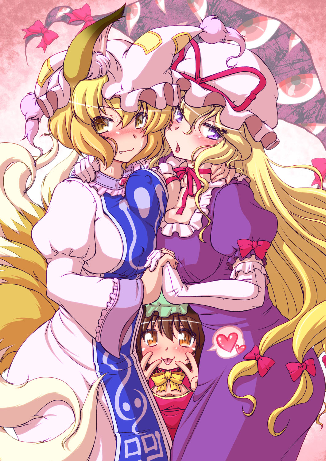 3girls animal_ears bangs blonde_hair blush bow breast_press breasts brown_eyes brown_hair chen choker cleavage cleavage_cutout covered_nipples double_v dress elbow_gloves fang_out fox_ears fox_tail gap gloves green_hair hair_between_eyes hand_around_neck hands_together hat hat_ribbon heart highres hips imakixxx interlocked_fingers juliet_sleeves large_breasts long_hair long_sleeves looking_at_viewer medium_breasts mob_cap multiple_girls multiple_tails open_mouth pillow_hat puffy_long_sleeves puffy_short_sleeves puffy_sleeves red_eyes red_lips reflective_eyes ribbon ribbon_choker shiny shiny_hair short_sleeves sidelocks slit_pupils small_breasts spoken_heart sweatdrop symmetrical_docking tabard tail tongue tongue_out touhou v very_long_hair violet_eyes wavy_mouth white_dress white_gloves yakumo_ran yakumo_yukari yellow_eyes