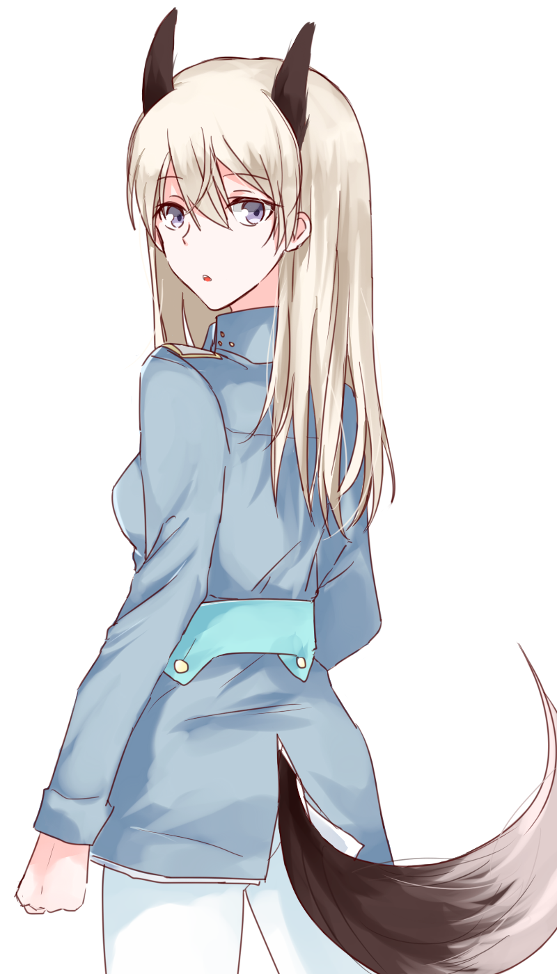 1girl :o animal_ears blue_eyes eila_ilmatar_juutilainen fox_ears fox_tail hair_between_eyes highres long_hair long_sleeves looking_at_viewer looking_back military military_uniform pantyhose retto silver_hair simple_background solo strike_witches tail uniform white_background white_legwear world_witches_series