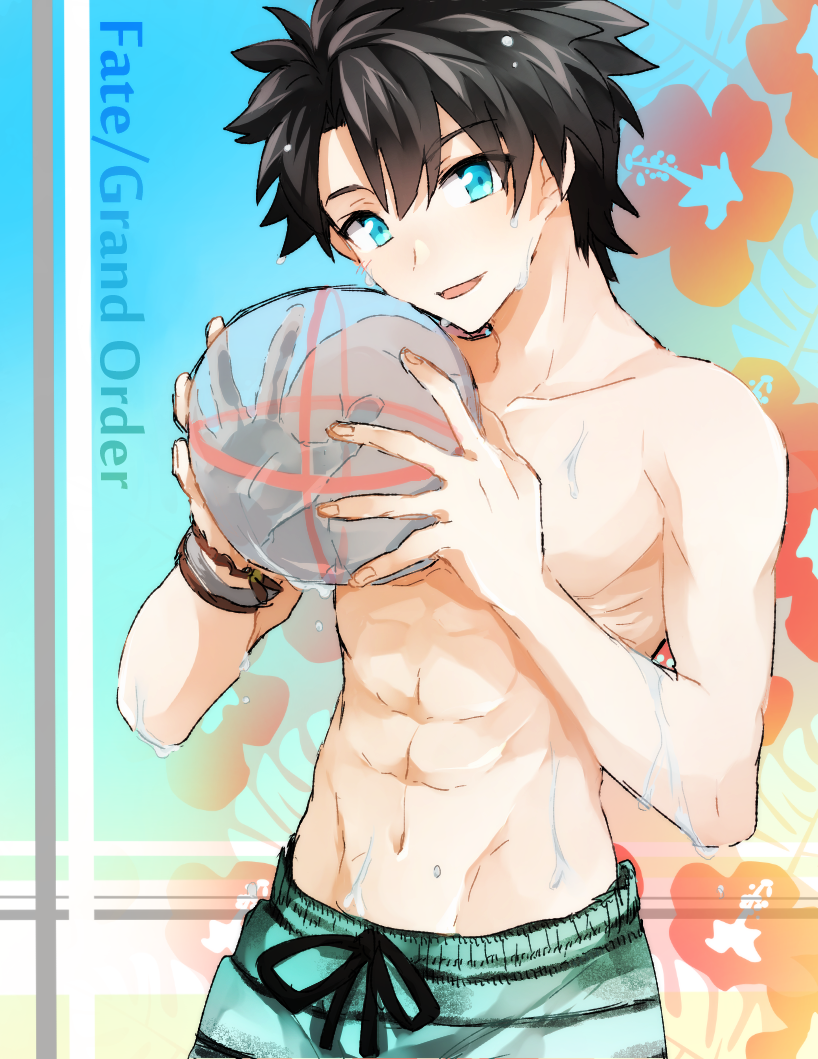 1boy abs ball beachball black_hair blue_eyes bracelet copyright_name fate/grand_order fate_(series) flower hibiscus jewelry looking_at_viewer male_focus male_protagonist_(fate/grand_order) male_swimwear minazaka muscle navel shirtless smile solo swim_trunks swimwear wet wet_hair