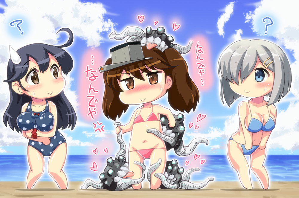 3girls :&gt; ? ahoge anger_vein bare_shoulders beach bikini black_hair blue_bikini blue_eyes blue_sky blush breasts brown_hair chibi clouds collarbone commentary enemy_naval_mine_(kantai_collection) flat_chest hair_ornament hair_over_one_eye hairclip hamakaze_(kantai_collection) hase_yu heart holding kantai_collection large_breasts licking long_hair looking_to_the_side multiple_girls navel one-piece_swimsuit outdoors pink_bikini polka_dot polka_dot_swimsuit ryuujou_(kantai_collection) sand scrunchie short_hair silver_hair sky standing sweat sweatdrop swimsuit teeth tentacles tongue tongue_out translated twintails ushio_(kantai_collection) visor_cap water wrist_scrunchie