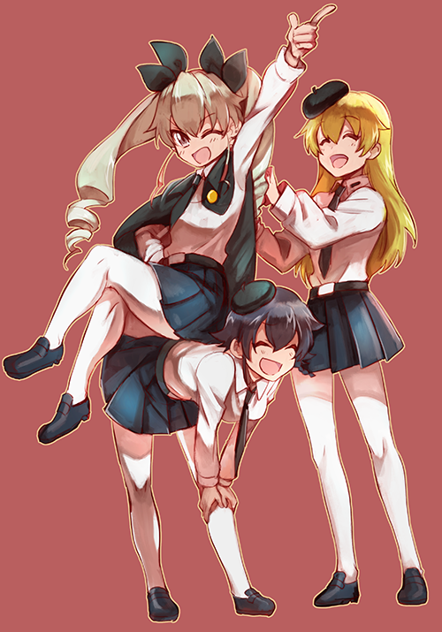 3girls ;d anchovy belt beret black_cape black_hair black_ribbon black_shoes black_skirt blonde_hair braid cape carpaccio closed_eyes crossed_legs dress_shirt drill_hair full_body girls_und_panzer green_hair hair_ribbon hand_on_hip hands_on_own_knees hat laughing leaning_forward loafers long_hair long_sleeves looking_at_viewer miniskirt multiple_girls necktie one_eye_closed oono_imo open_mouth pantyhose pepperoni_(girls_und_panzer) pleated_skirt pointing pointing_up red_background red_eyes ribbon school_uniform shirt shoes short_hair side_braid simple_background sitting sitting_on_person skirt smile standing twin_drills twintails white_legwear white_shirt