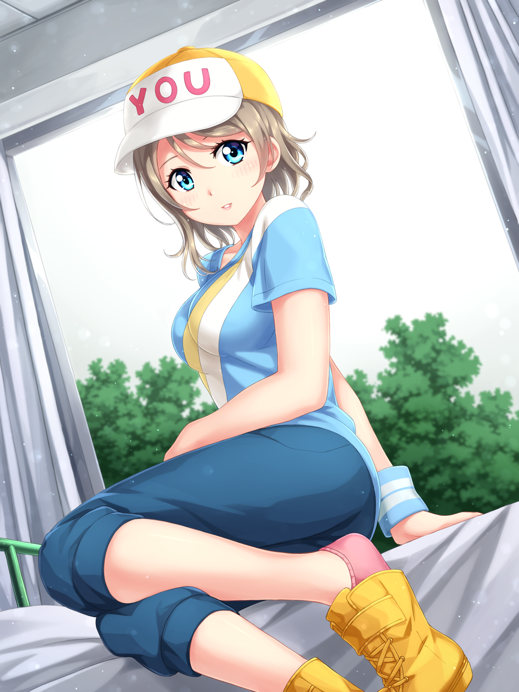 1girl blue_eyes blush breasts brown_hair dutch_angle hat highres looking_at_viewer love_live! love_live!_sunshine!! parted_lips peaked_cap short_hair smile solo tucana watanabe_you window