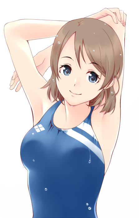 1girl arms_behind_head blue_eyes breasts brown_hair competition_swimsuit egooo grey_hair love_live! love_live!_sunshine!! one-piece_swimsuit short_hair smile solo swimsuit upper_body watanabe_you