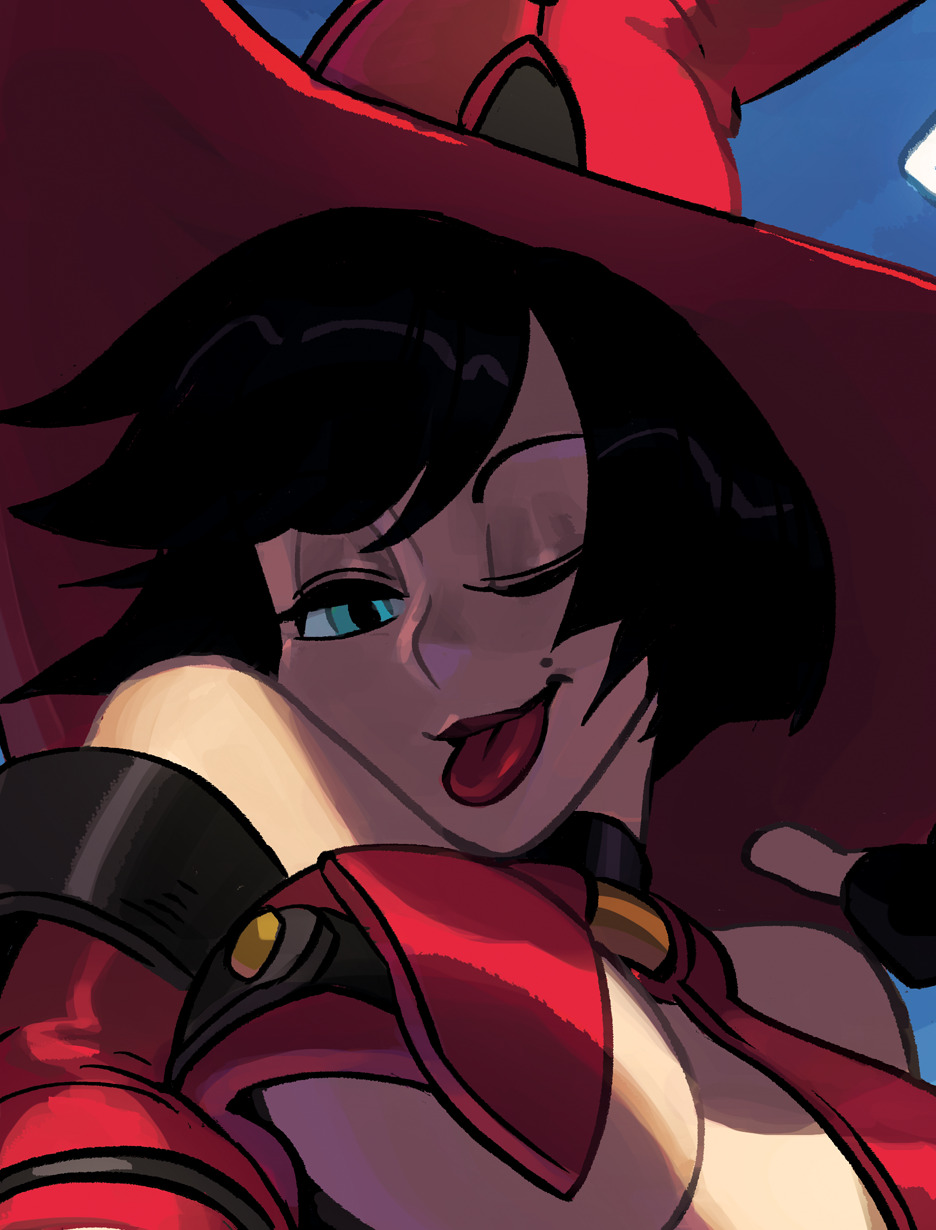 1girl ;p alex_ahad bare_shoulders black_hair blue_eyes breasts collar cropped detached_sleeves eyeshadow guilty_gear hat highres i-no large_breasts lipstick makeup mole one_eye_closed short_hair solo tongue tongue_out under_boob witch_hat