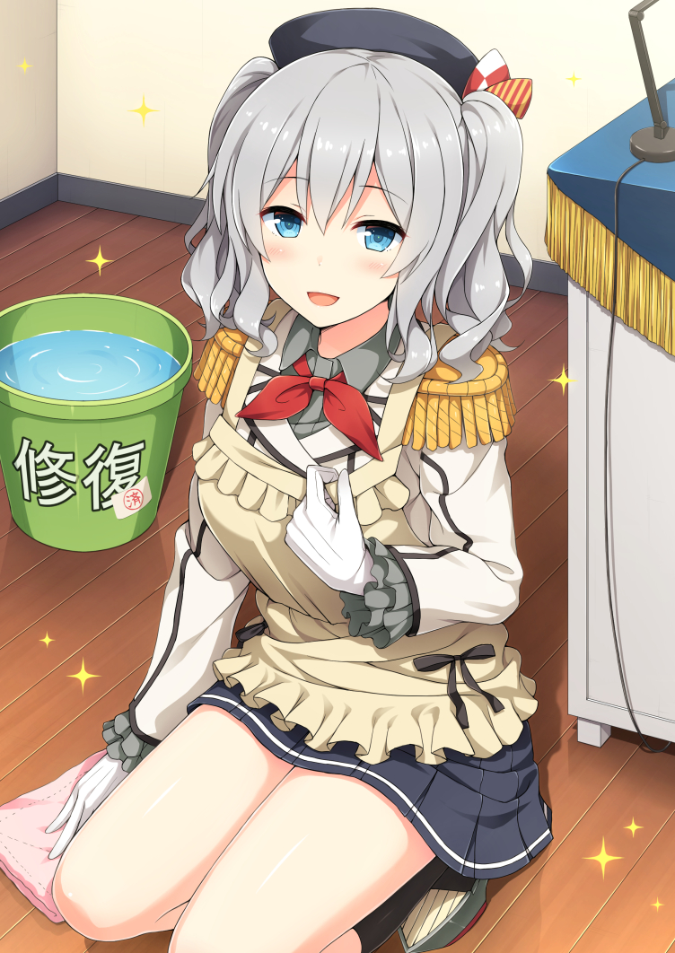 1girl apron beret blue_eyes bucket cleaning desk epaulettes frilled_sleeves frills gloves hat kantai_collection kashima_(kantai_collection) long_hair nakamura_sumikage open_mouth rag smile solo sparkle twintails wavy_hair white_gloves wooden_floor
