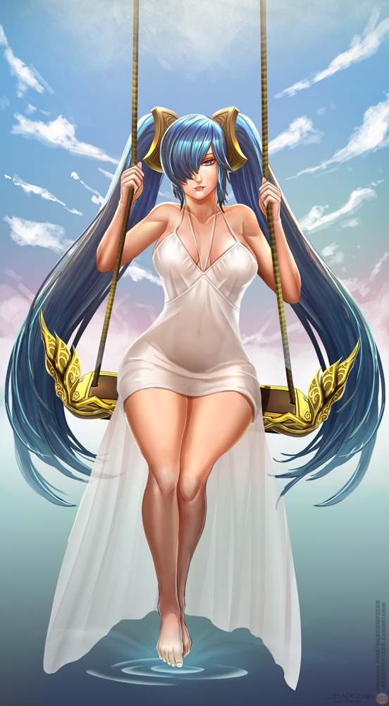 1girl badcompzero bare_shoulders barefoot blue_eyes blue_hair breasts dress hair_over_one_eye league_of_legends navel see-through short_dress solo sona_buvelle swing_set thighs wide_hips