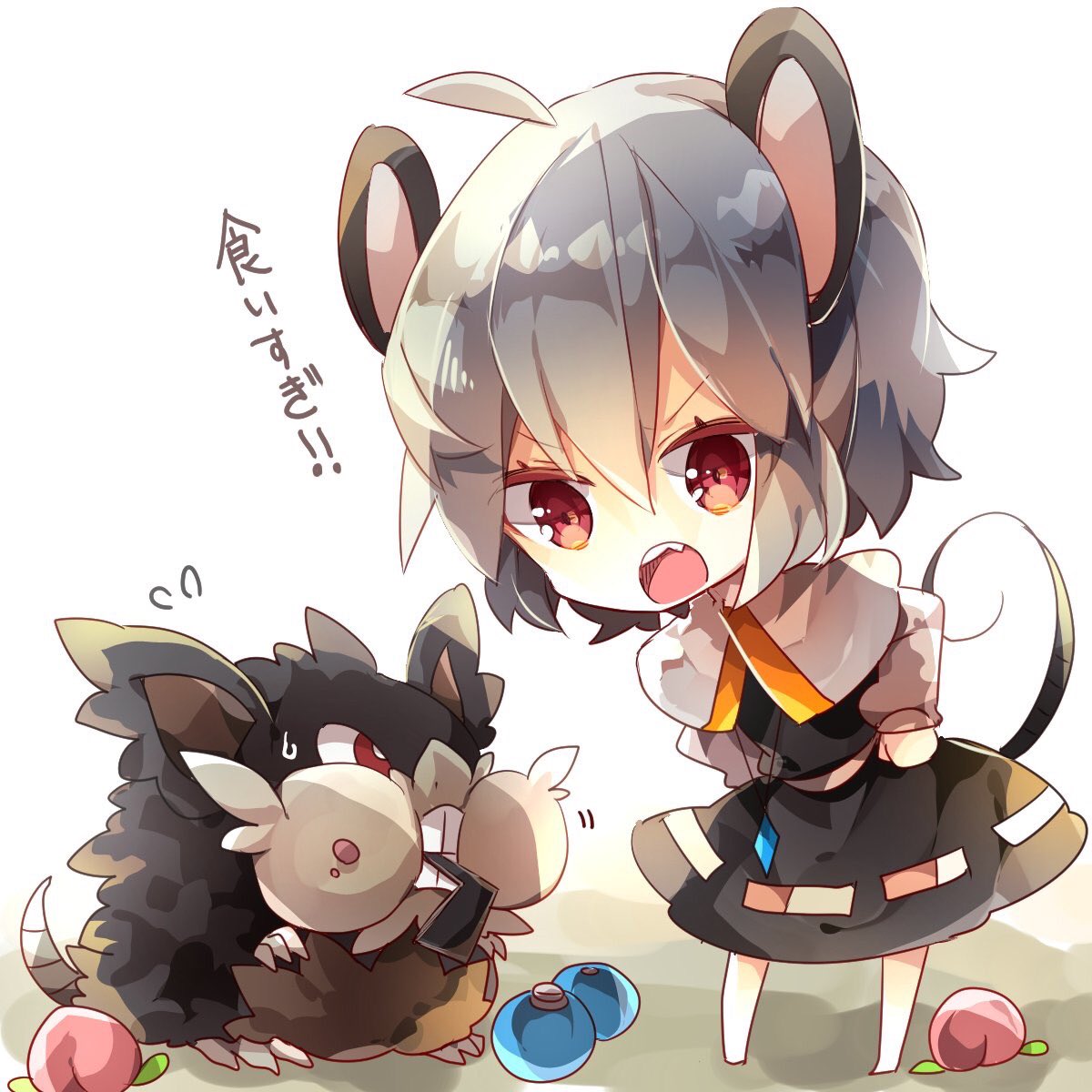 1girl alolan_raticate angry animal_ears black_dress capelet chibi crossover dress flying_sweatdrops food fruit full_body grey_hair highres leaning_forward long_sleeves looking_at_another mega_pokemon mouse_ears mouse_girl mouse_tail nazrin nikorashi-ka open_mouth peach pokemon raticate red_eyes short_hair tail touhou trait_connection translation_request