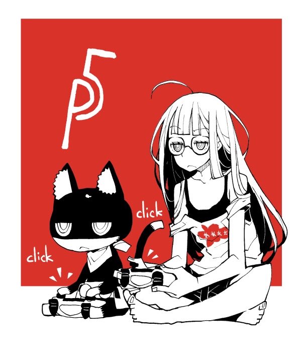 1girl :&lt; ahoge bare_shoulders barefoot cat controller dowman_sayman frown game_console game_controller glasses indian_style jitome long_hair morgana_(persona_5) persona persona_5 playing_games playstation_4 sakura_futaba sitting