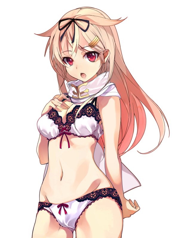 1girl bangs blonde_hair blush bow bow_panties bra breasts cleavage commentary_request hair_flaps hair_ornament hair_ribbon hairclip kantai_collection lace lace-trimmed_bra lace-trimmed_panties lingerie long_hair looking_at_viewer navel open_mouth panties red_eyes remodel_(kantai_collection) ribbon scarf shirokitsune solo underwear underwear_only white_bra white_panties yuudachi_(kantai_collection)