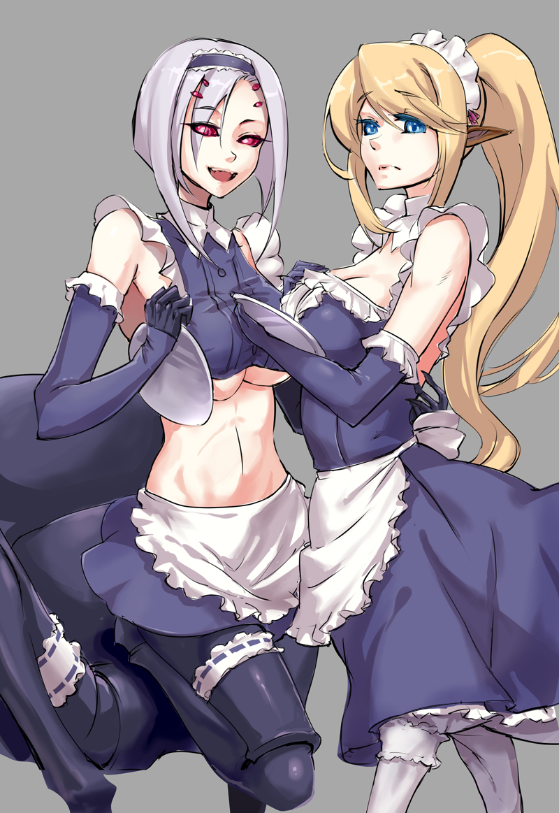 2girls :d alternate_costume animal_ears apron arachne blonde_hair blue_eyes breasts carapace centaur centorea_shianus cleavage crop_top elbow_gloves enmaided extra_ears fangs gloves grey_background horse_ears insect_girl large_breasts leg_garter long_hair looking_at_viewer maid maid_headdress monster_girl monster_musume_no_iru_nichijou multiple_girls open_mouth pd_(seripanda) ponytail rachnera_arachnera red_eyes short_hair silver_hair simple_background smile spider_girl stomach tray under_boob waist_apron