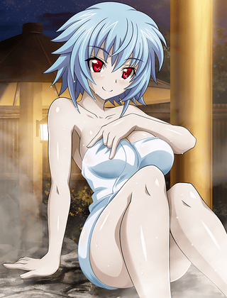 1girl arm_support bare_shoulders blue_hair breasts cleavage collarbone eyebrows eyebrows_visible_through_hair infinite_stratos large_breasts looking_at_viewer lowres naked_towel outdoors red_eyes sarashiki_tatenashi shiny shiny_skin short_hair sideboob sitting smile solo towel wet white_towel