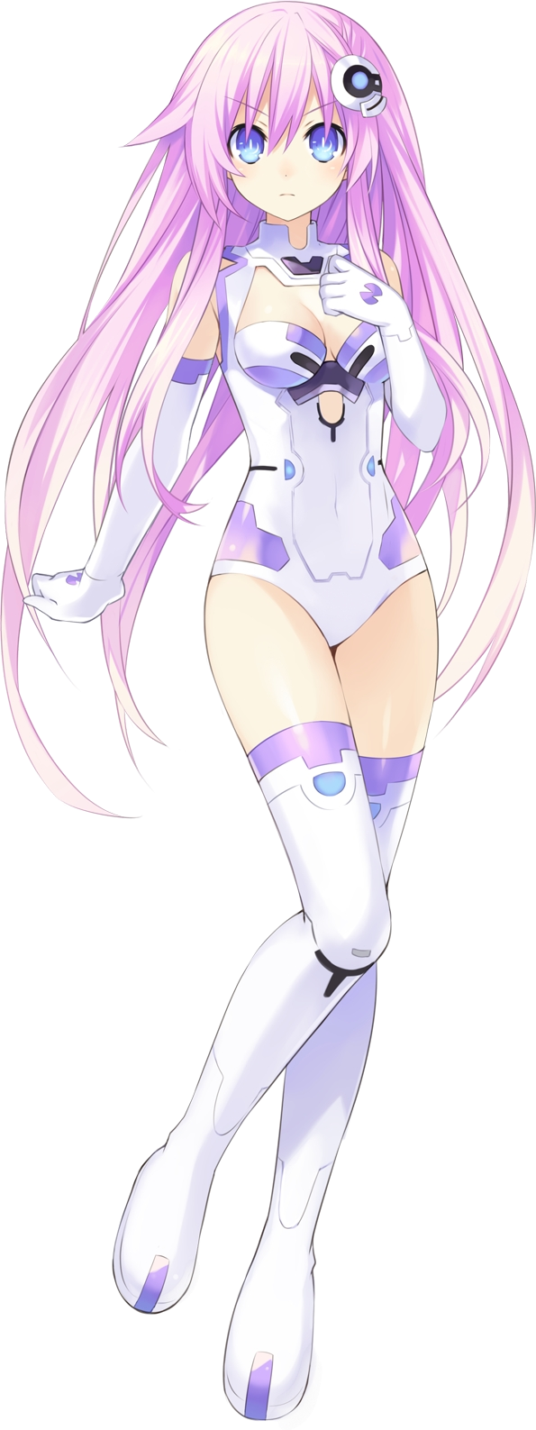 1girl bare_shoulders blue_eyes choujigen_game_neptune choujigen_game_neptune_mk2 cleavage_cutout elbow_gloves full_body gloves hair_between_eyes hair_ornament hand_on_own_chest highres leotard long_hair looking_at_viewer nepgear neptune_(series) pink_hair power_symbol purple_sister simple_background solo standing symbol-shaped_pupils thigh-highs tsunako turtleneck very_long_hair