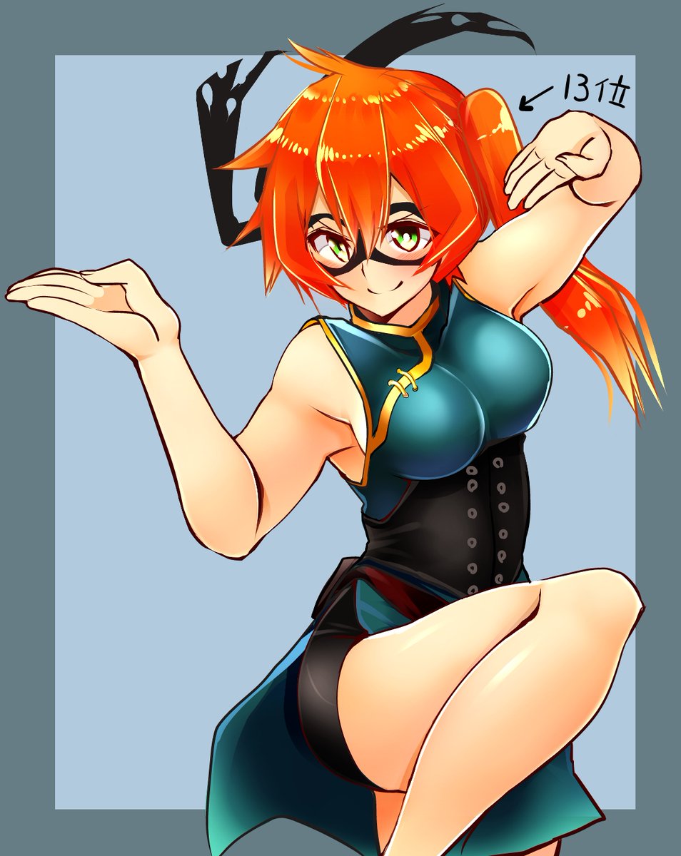 1girl boku_no_hero_academia chinese_clothes fighting_stance green_eyes highres kendou_itsuka mask master_asia orange_hair parody solo tsukui_kachou