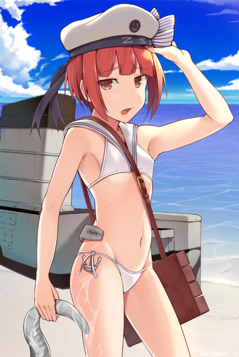 1girl auburn_hair beach bikini brown_eyes commentary hat hinami_(hinatamizu) kantai_collection navel sailor_bikini sailor_collar sailor_hat sand short_hair slime sweat swimsuit tentacles water z3_max_schultz_(kantai_collection)