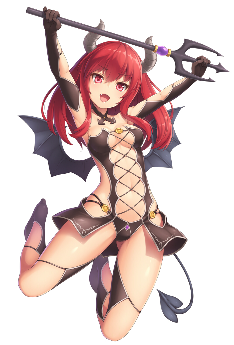 1girl ass_visible_through_thighs black_panties breasts demon_girl demon_tail elbow_gloves fang full_body gloves holding horns jumping legs_up long_hair looking_at_viewer medium_breasts navel open_mouth original panties polearm red_eyes redhead revealing_clothes sand-rain sasaame simple_background solo tail trident underwear weapon white_background wings