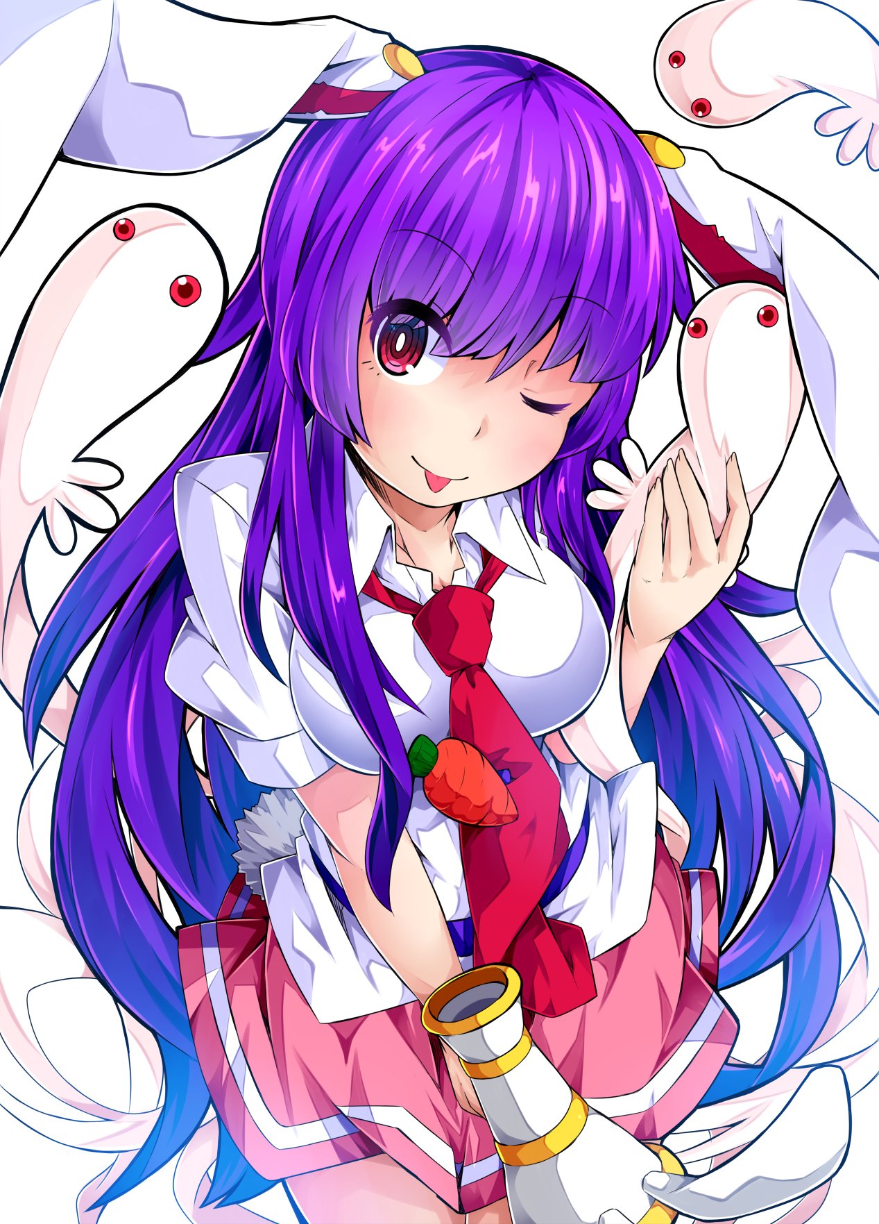 1girl :p animal_ears bunny_tail highres ishimu kune-kune lunatic_gun miniskirt necktie one_eye_closed purple_hair rabbit_ears red_eyes red_necktie reisen_udongein_inaba skirt tail tongue tongue_out touhou white_background