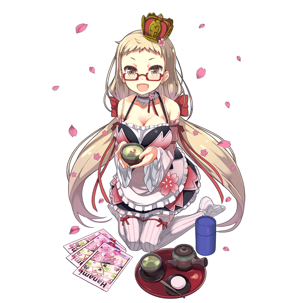 artist_request blonde_hair breasts character_request cherry_blossoms cleavage copyright_request crown cup glasses holding knees_together_feet_apart large_breasts long_hair magazine no_shoes open_mouth red-framed_eyewear ribbon-trimmed_legwear ribbon_trim semi-rimless_glasses simple_background thigh-highs tray uchi_no_hime-sama_ga_ichiban_kawaii very_long_hair white_background yellow_eyes