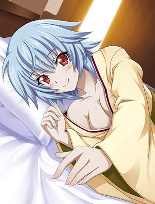 1girl bed blue_hair breasts cleavage collarbone eyebrows eyebrows_visible_through_hair from_side indoors infinite_stratos looking_at_viewer lowres lying medium_breasts on_side pillow red_eyes sarashiki_tatenashi short_hair smile solo