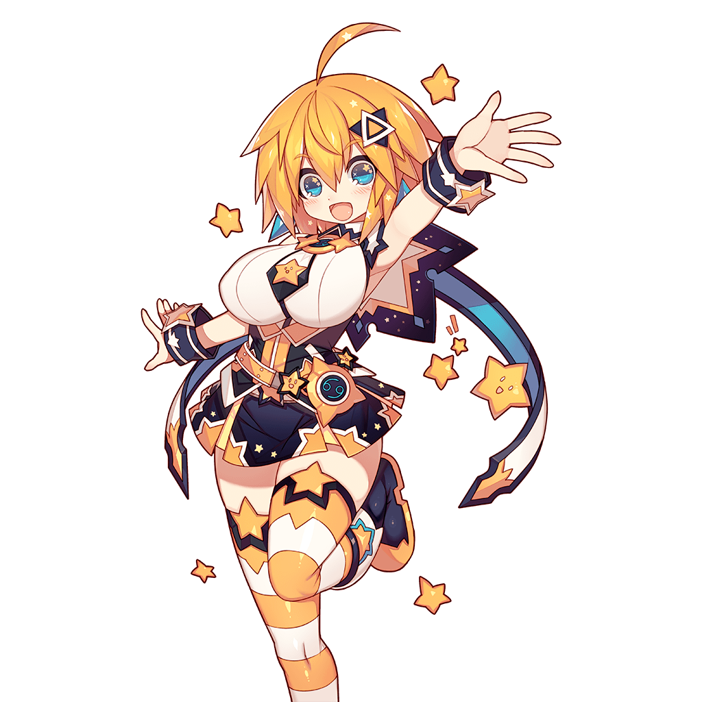1girl ahoge aqua_eyes blonde_hair boots breasts large_breasts leg_lift looking_at_viewer mamuru open_mouth outstretched_arm outstretched_hand short_hair simple_background skirt sleeveless solo star striped striped_legwear transparent_background twinkle_(uchi_no_hime-sama_ga_ichiban_kawaii) uchi_no_hime-sama_ga_ichiban_kawaii wrist_cuffs