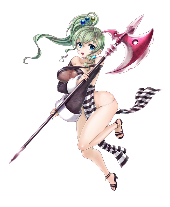1girl artist_request bare_shoulders blue_eyes blue_nails breasts character_request criminal_girls criminal_girls_2 detached_sleeves green_hair hair_ornament halberd holding holding_weapon large_breasts long_hair long_sleeves looking_at_viewer nail_polish official_art open_mouth pelvic_curtain polearm ponytail sandals simple_background sleeves_past_wrists solo striped transparent_background weapon
