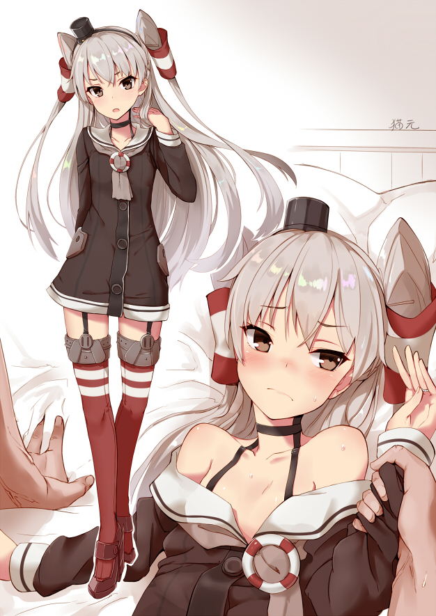 1boy 1girl amatsukaze_(kantai_collection) arm_behind_back arm_grab ascot blush brown_eyes choker collarbone commentary_request dress dress_pull full_body garter_straps hair_tubes hat kantai_collection lifebuoy long_hair long_sleeves looking_at_viewer looking_away lying mini_hat off_shoulder on_back on_bed open_clothes open_mouth pillow red_legwear sailor_collar sailor_dress sakamoto-cat short_dress silver_hair solo_focus standing striped striped_legwear thigh-highs two_side_up very_long_hair wavy_mouth windsock zettai_ryouiki