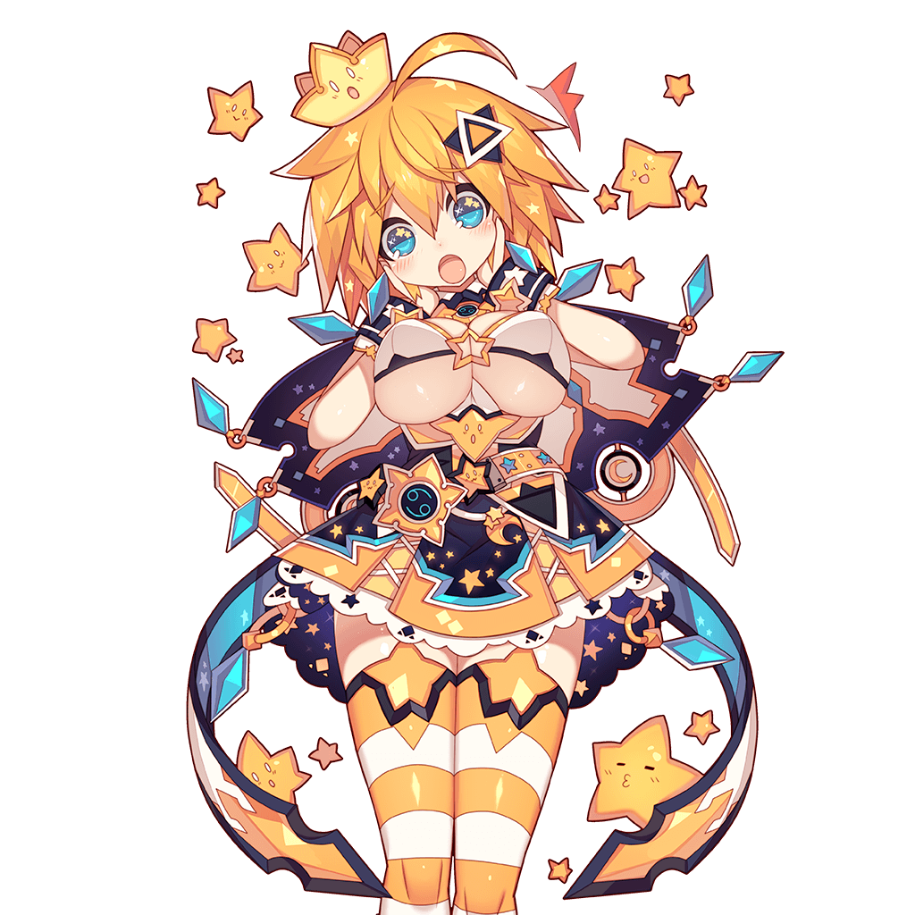 1girl aqua_eyes blonde_hair breasts crown hands_on_own_face head_tilt large_breasts looking_at_viewer mamuru open_mouth short_hair simple_background skirt solo star striped striped_legwear transparent_background twinkle_(uchi_no_hime-sama_ga_ichiban_kawaii) uchi_no_hime-sama_ga_ichiban_kawaii under_boob