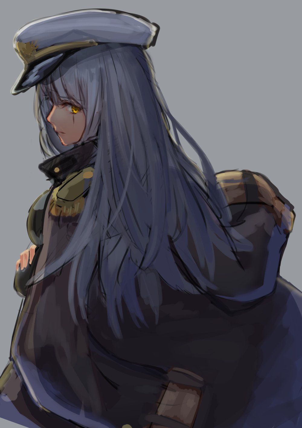 1girl ato_(haru_ato) blue_hair character_request copyright_request crossed_arms epaulettes from_behind grey_background hat highres jacket_on_shoulders scar scar_across_eye sketch solo yellow_eyes