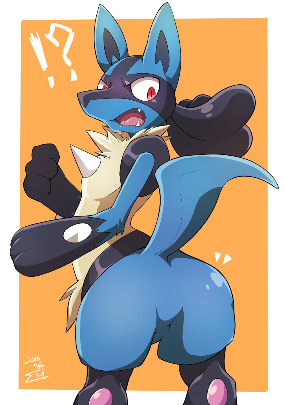 black_fur blue_fur fang furry highres kumashi_guma lucario pokemon red_eyes spikes yellow_fur