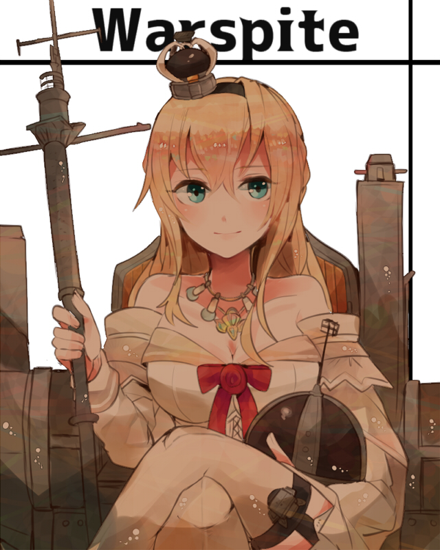 1girl blonde_hair blue_eyes braid breasts character_name crossed_legs crown dress french_braid garter_straps globus_cruciger hairband itomugi-kun kantai_collection large_breasts light_smile long_hair mini_crown scepter sitting solo thigh-highs throne warspite_(kantai_collection)