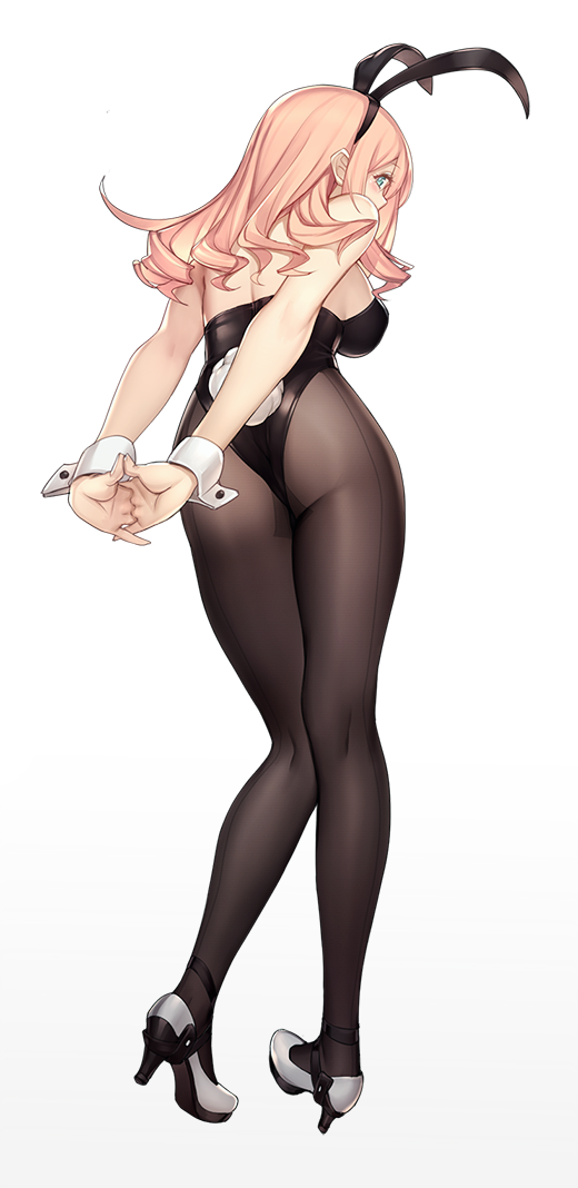 1girl animal_ears arms_behind_back ass bare_shoulders blonde_hair blue_eyes blush bunny_girl bunny_tail bunnysuit commentary_request fake_animal_ears from_behind high_heels leotard long_hair looking_back original pantyhose rabbit_ears solo standing steelleets tail wrist_cuffs