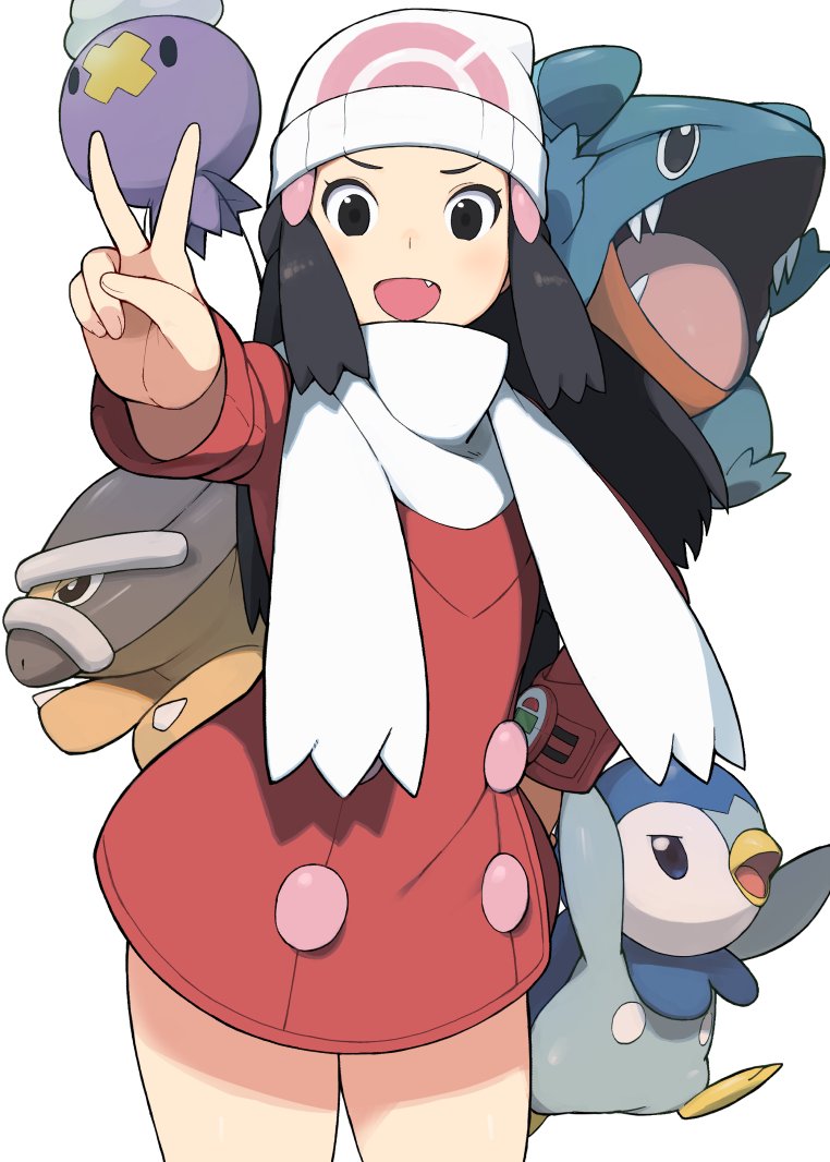 1girl accho_(macchonburike) beanie black_hair drifloon gible hat hikari_(pokemon) open_mouth piplup pokemon pokemon_(creature) scarf shieldon v