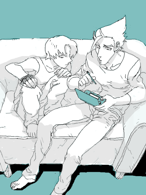 2boys brown_hair couch gakudou_(rom3boom) handheld_game_console kazuma_(scryed) multiple_boys nintendo_3ds playing_games scryed short_hair sitting straight_cougar