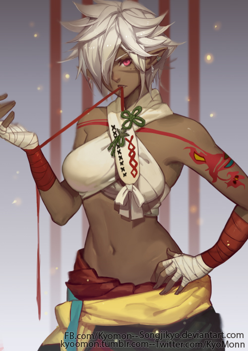 1girl artist_name bandaged_arm bandages bare_shoulders breasts character_request clothes_around_waist cowboy_shot dark_skin earrings final_fantasy final_fantasy_xiv hair_over_one_eye hand_on_hip jewelry looking_at_viewer medium_breasts messy_hair midriff mouth_hold navel pointy_ears red_eyes short_hair solo songjikyo stomach striped striped_background tassel tattoo watermark web_address white_hair