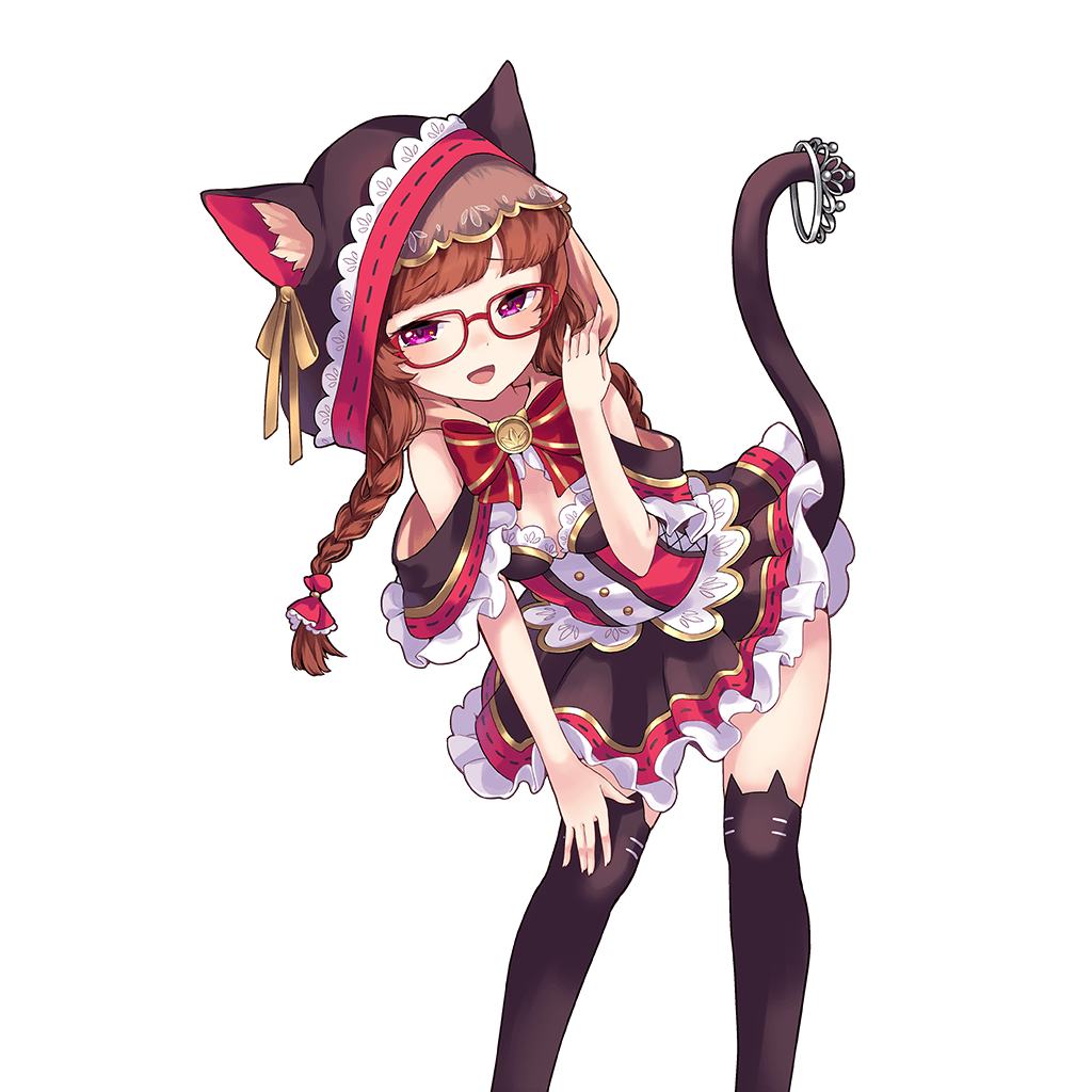 1girl animal_ears artist_request black_legwear braid brown_hair cat_ears cat_tail character_request copyright_request dress glasses long_hair open_mouth pink_eyes red-framed_eyewear simple_background skirt solo tail tail_hold thigh-highs twin_braids uchi_no_hime-sama_ga_ichiban_kawaii white_background