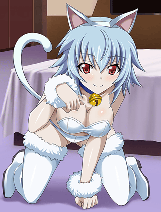 1girl all_fours animal_ears bed bell bell_collar blue_hair boots bra breasts cat_ears cat_tail cleavage collar eyebrows eyebrows_visible_through_hair fake_animal_ears hairband indoors infinite_stratos looking_at_viewer lowres medium_breasts outdoors panties paw_pose red_eyes sarashiki_tatenashi short_hair smile solo strapless strapless_bra tail thigh-highs thigh_boots underwear white_boots white_bra white_hairband white_panties