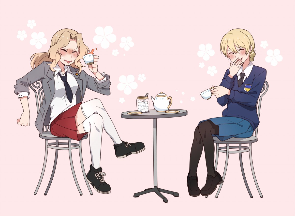 2girls black_legwear black_necktie blonde_hair blush closed_eyes covering_mouth crossed_legs cup darjeeling girls_und_panzer hand_over_own_mouth ilhi jacket kay_(girls_und_panzer) laughing multiple_girls necktie pink_background saucer sleeves_rolled_up smile sugar_cube sweater table teacup teapot tongue tongue_out white_legwear