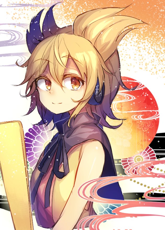 1girl bare_shoulders brown_eyes closed_mouth earmuffs from_side light_brown_hair looking_at_viewer looking_to_the_side peach_camellia pointy_hair ritual_baton shirt sleeveless sleeveless_shirt smile solo touhou toyosatomimi_no_miko upper_body
