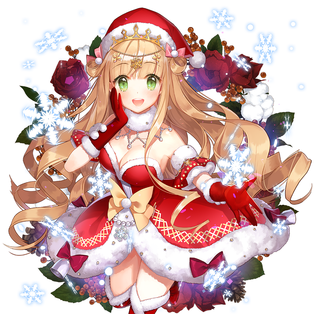artist_request bell blonde_hair breasts character_request cleavage copyright_request crown detached_sleeves dress flower gloves green_eyes hand_on_own_cheek hat long_hair looking_at_viewer mistletoe outstretched_arm red_gloves round_teeth santa_costume santa_hat simple_background snowflakes teeth transparent_background uchi_no_hime-sama_ga_ichiban_kawaii very_long_hair