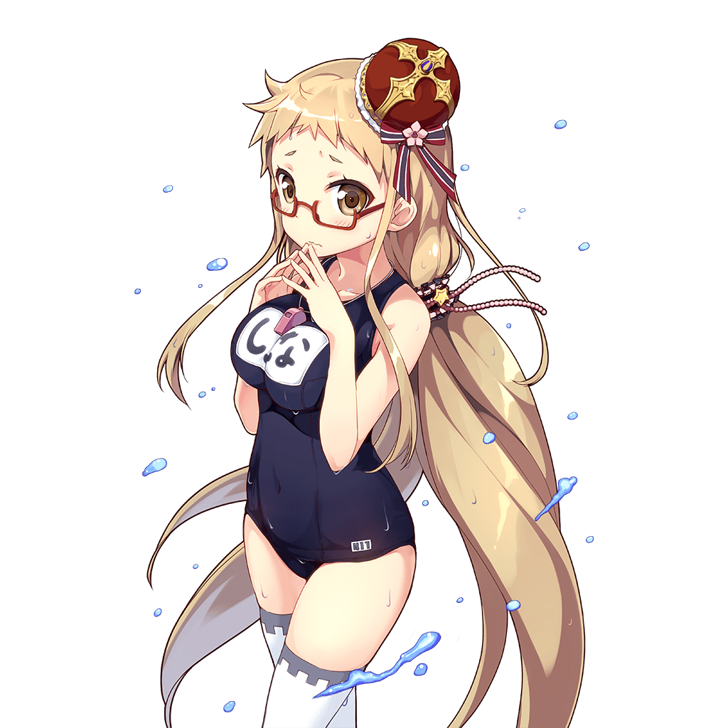 1girl artist_request blonde_hair character_request copyright_request crown glasses hands_clasped hands_together long_hair looking_at_viewer nervous red-framed_eyewear school_swimsuit semi-rimless_glasses simple_background solo swimsuit thigh-highs uchi_no_hime-sama_ga_ichiban_kawaii very_long_hair water_drop wet whistle white_background white_legwear yellow_eyes