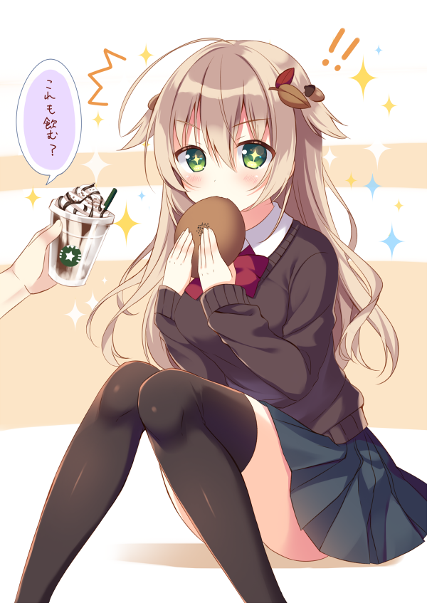 !! +_+ /\/\/\ 1girl acorn_hair_ornament ahoge black_legwear blue_skirt blush bow bowtie brand_name_imitation breasts brown_hair cardigan chocolate_syrup coffee collared_shirt drinking_straw eating eyebrows eyebrows_visible_through_hair food green_eyes hair_between_eyes hair_flaps hair_ornament holding holding_food huge_ahoge knees_together_feet_apart leaf_hair_ornament long_hair medium_breasts motion_lines original plastic_cup pleated_skirt red_bow red_bowtie sakura_yuzuna school_uniform shirt sitting skirt sleeves_past_wrists solo_focus sparkle speech_bubble star starbucks translation_request whipped_cream white_shirt wing_collar